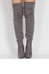 Grey Suede Over the Knee Drawstring Stiletto Boots - Avery