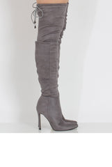 Grey Suede Over the Knee Drawstring Stiletto Boots - Avery