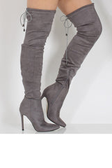 Grey Suede Over the Knee Drawstring Stiletto Boots - Avery
