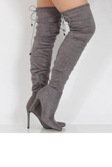 Grey Suede Over the Knee Drawstring Stiletto Boots - Avery