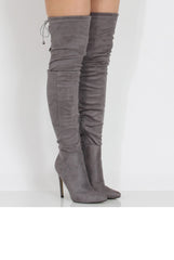 Grey Suede Over the Knee Drawstring Stiletto Boots - Avery