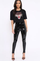 Black Cropped Tee with Applique Sequin Tiger - Avery
