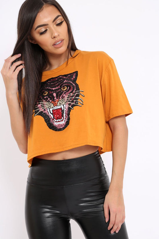 Mustard Cropped Tee with Applique Sequin Tiger - Avery