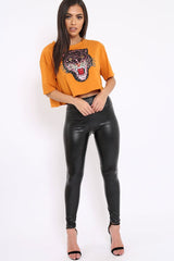 Mustard Cropped Tee with Applique Sequin Tiger - Avery