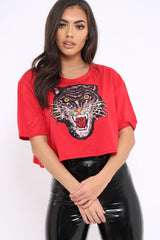 Red Cropped Tee with Applique Sequin Tiger - Avery