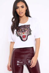 White Cropped Tee with Applique Sequin Tiger - Avery
