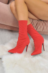 Red Lycra Stretch Heeled Ankle Boots - Aviya
