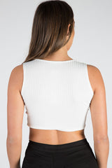 White Cropped Ribbed Lace Up Top - Amelia