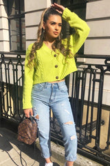 Lime Chunky Knit Button Up Crop Cardigan - Elly