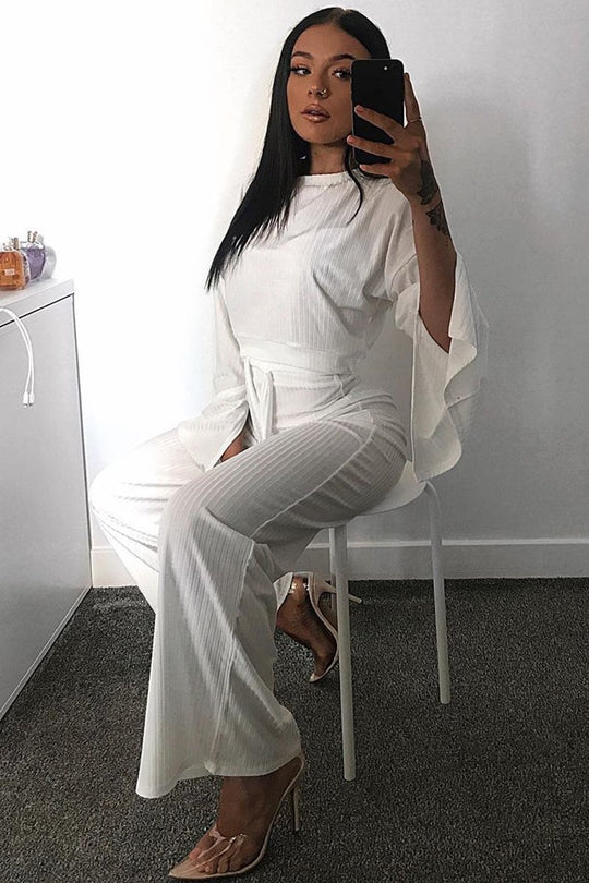 White Rib Crop Jumper Tie Wide Leg Trousers Loungewear Co-Ord - Mirabel