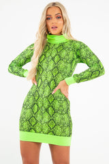 Lime Snake Print Roll Neck Mini Jumper Dress - Azani