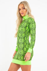 Lime Snake Print Roll Neck Mini Jumper Dress - Azani