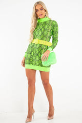 Lime Snake Print Roll Neck Mini Jumper Dress - Azani