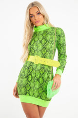 Lime Snake Print Roll Neck Mini Jumper Dress - Azani