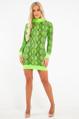 Lime Snake Print Roll Neck Mini Jumper Dress - Azani