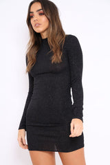Black Silver Glitter High Neck Bodycon Dress - Azari