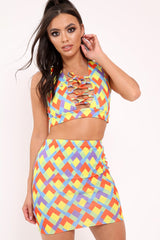 Multi Aztec Print Lace Up Crop Top And Mini Skirt Co-ord - Mabrey