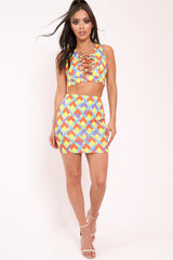 Multi Aztec Print Lace Up Crop Top And Mini Skirt Co-ord - Mabrey