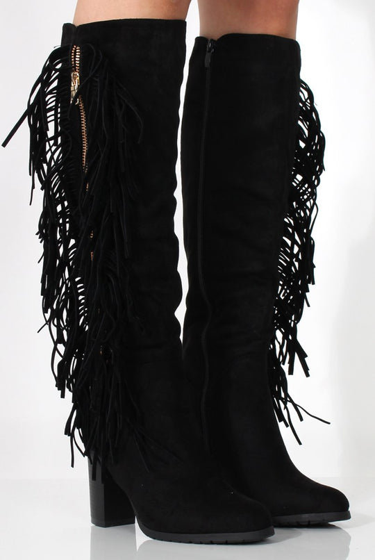 Lenora Black Suede Tassel Over Knee Boots