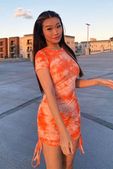 Orange Tie Dye Ruched Side Ribbed T-shirt Dress - Kamaiya