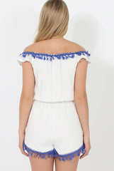 White & Blue Crochet V Front Playsuit - Florence