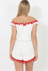 White & Red Crochet V Front Playsuit - Florence