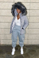 Light Grey Fur Trim Adjustable Waist Puffer Coat - Rossie