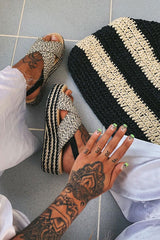 Beige Black Woven Slingback Flatform Wedges - Tatiana