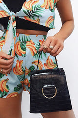 Black Patent Faux Croc Handle Detail Bag - Barbara