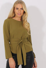 Khaki Long Sleeve Tie Detail Top - Shea