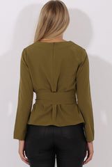 Khaki Long Sleeve Tie Detail Top - Shea