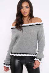 Light Grey Stripe Bardot Knitted Jumper - Bailey