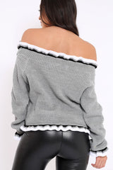 Light Grey Stripe Bardot Knitted Jumper - Bailey