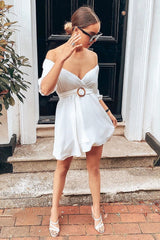 White Plunge Crepe Belted Dress - Baily