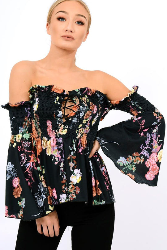 Black Floral Smocked Lace Up Off Shoulder Top - Lorrie