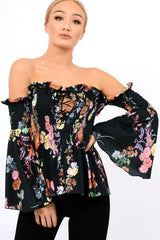 Black Floral Smocked Lace Up Off Shoulder Top - Lorrie