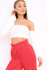 White Bardot Frill Sleeve Crop Top - Nancie