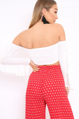 White Bardot Frill Sleeve Crop Top - Nancie
