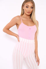 Pink Ribbed Popper Front Bodysuit - Baylee