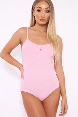 Pink Ribbed Popper Front Bodysuit - Baylee