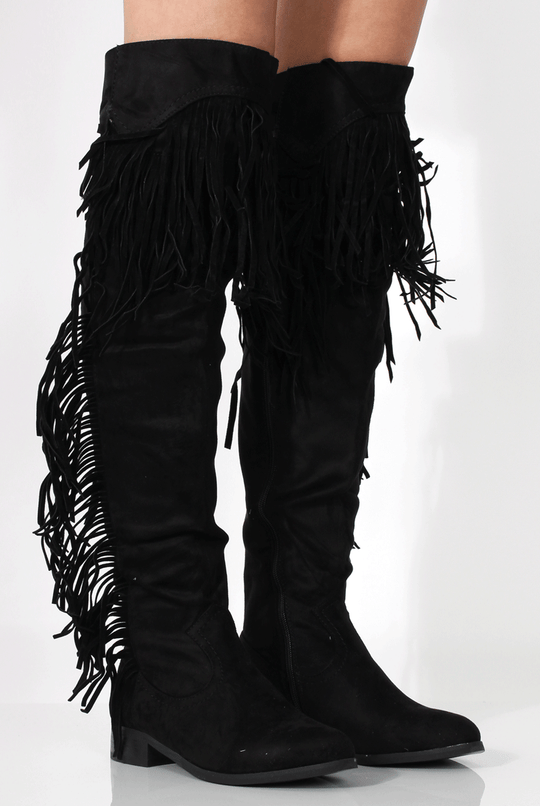 Kristen Black Tassel Knee High Boots