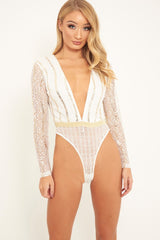 White Gold Sequin Plunge Bodysuit - Dreah
