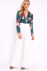 Green Flower Print Plunge Satin Bodysuit - Madelynn