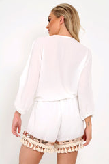White And Gold Embellished Kaftan Top And Shorts Co- Ord -Sylviana