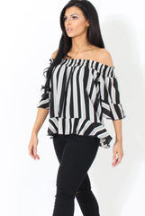 White and Black Bardot Frill Sleeve Top- Becka