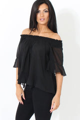 Black Bardot Frill Sleeve Top- Becka