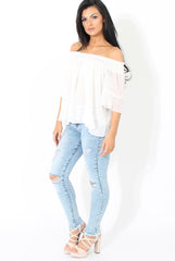 White Bardot Frill Sleeve Top- Becka