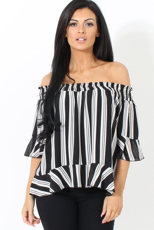 White and Black Bardot Frill Sleeve Top- Becka