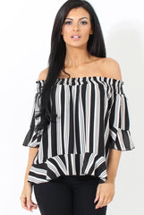 White and Black Bardot Frill Sleeve Top- Becka