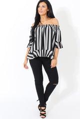 White and Black Bardot Frill Sleeve Top- Becka